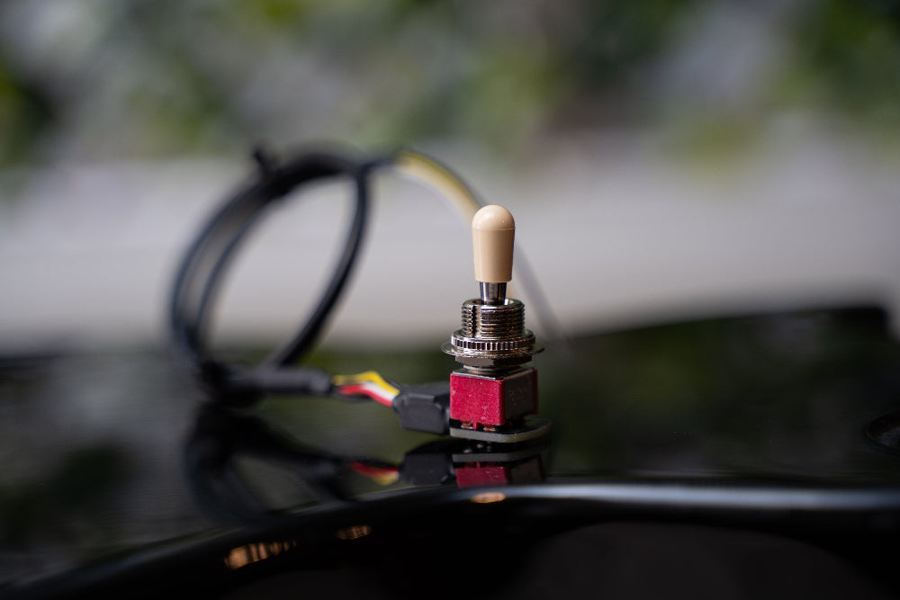 Les paul style enclosed toggle switch by ObsidianWire on a reflective surface