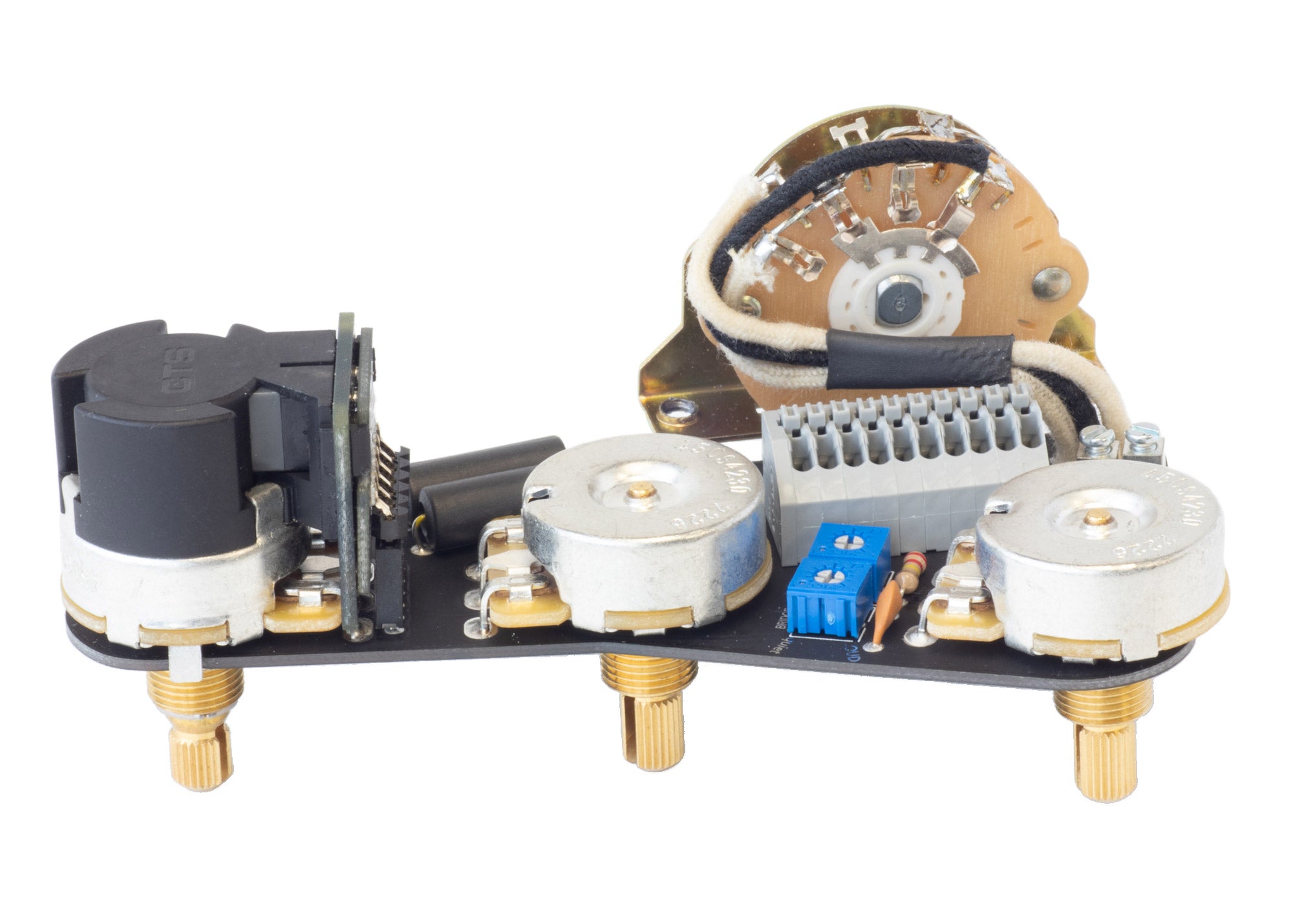 Side view of the ObsidianWire HH wiring harness for Fender Stratocaster with tunable split coil & 6 way switching